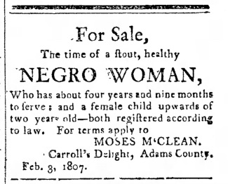 1807 Advertisement from Moses McClean to sell two enslaved persons.